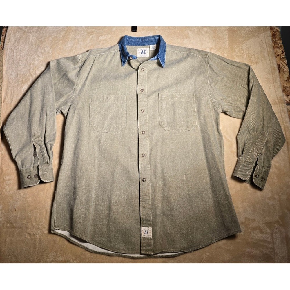 Vntg American Eagle Mens L Green Twill Button Down Shirt Denim Collar